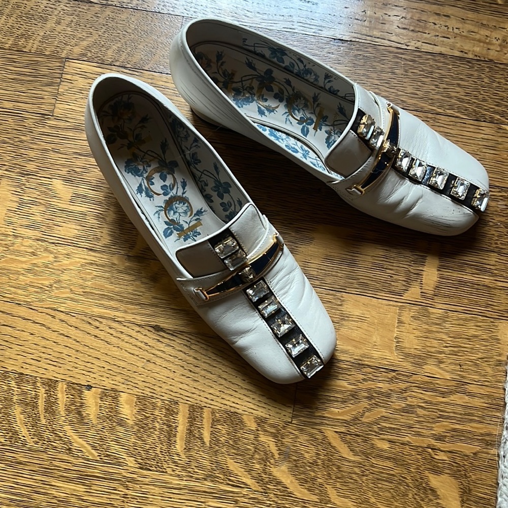 Gucci white heeled loafers